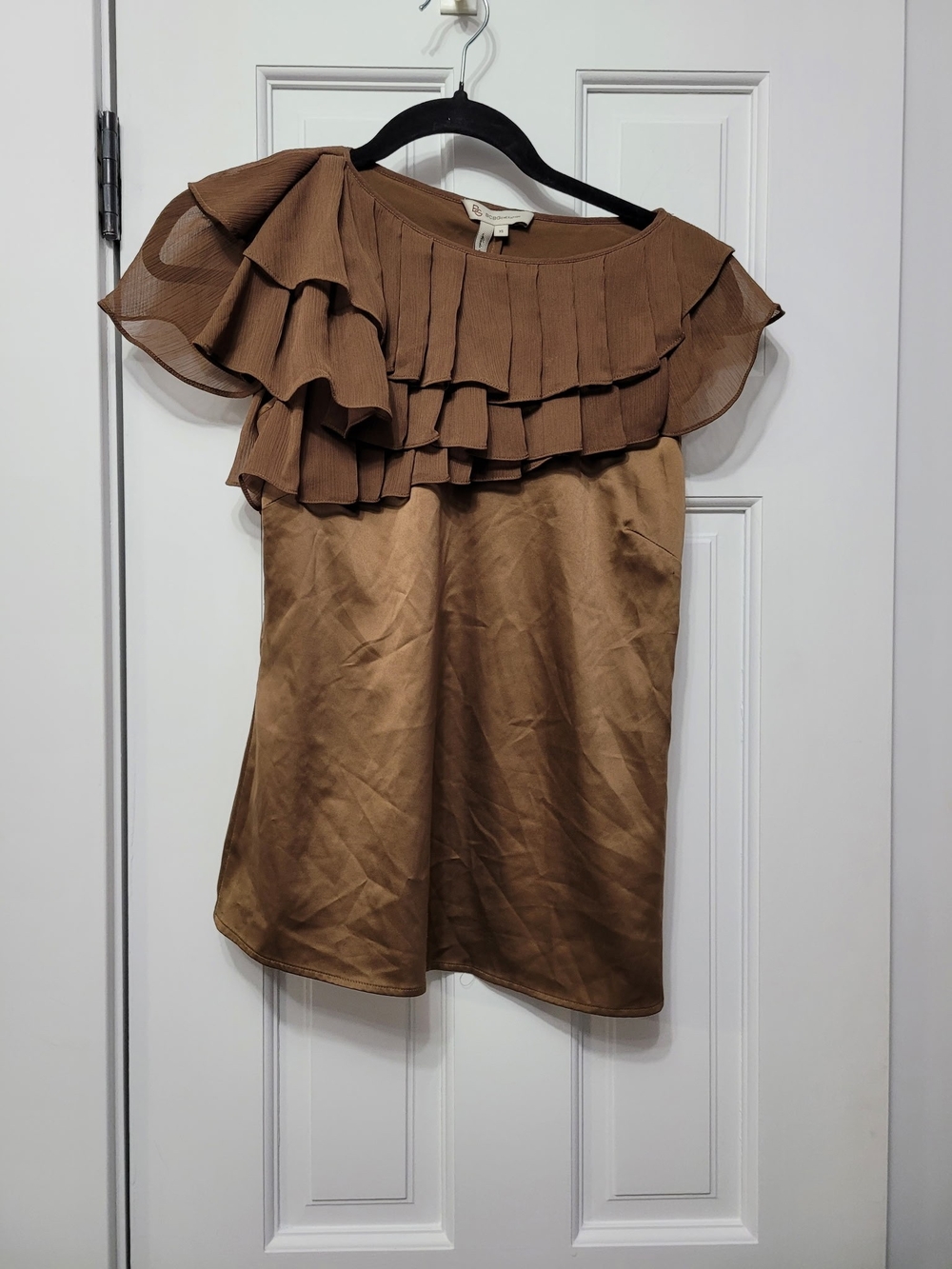 BCBGeneration Brown Ruffle-Yoke Satin Blouse